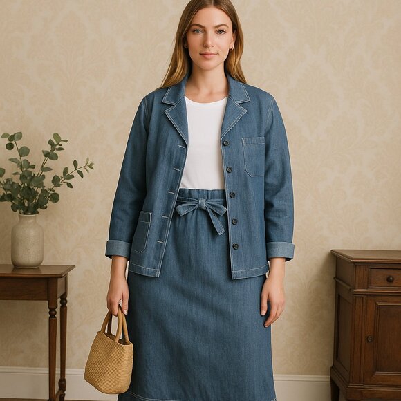 Doncaster Sz 10 Blue Chambray Linen Jacket and Faux Wrap Skirt Set - Picture 1 of 16